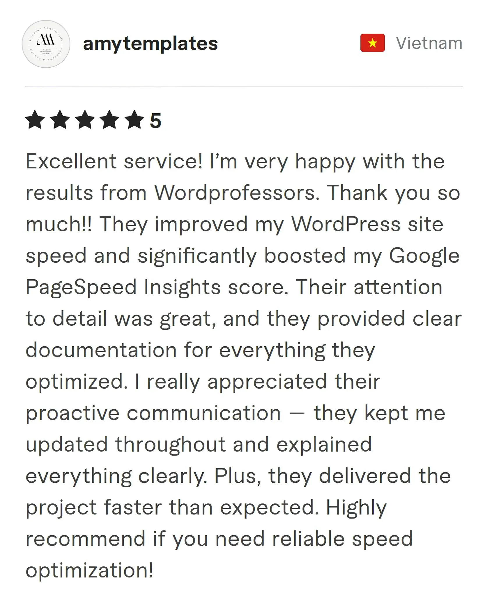 Screenshot of Fiverr review from Amytemplates