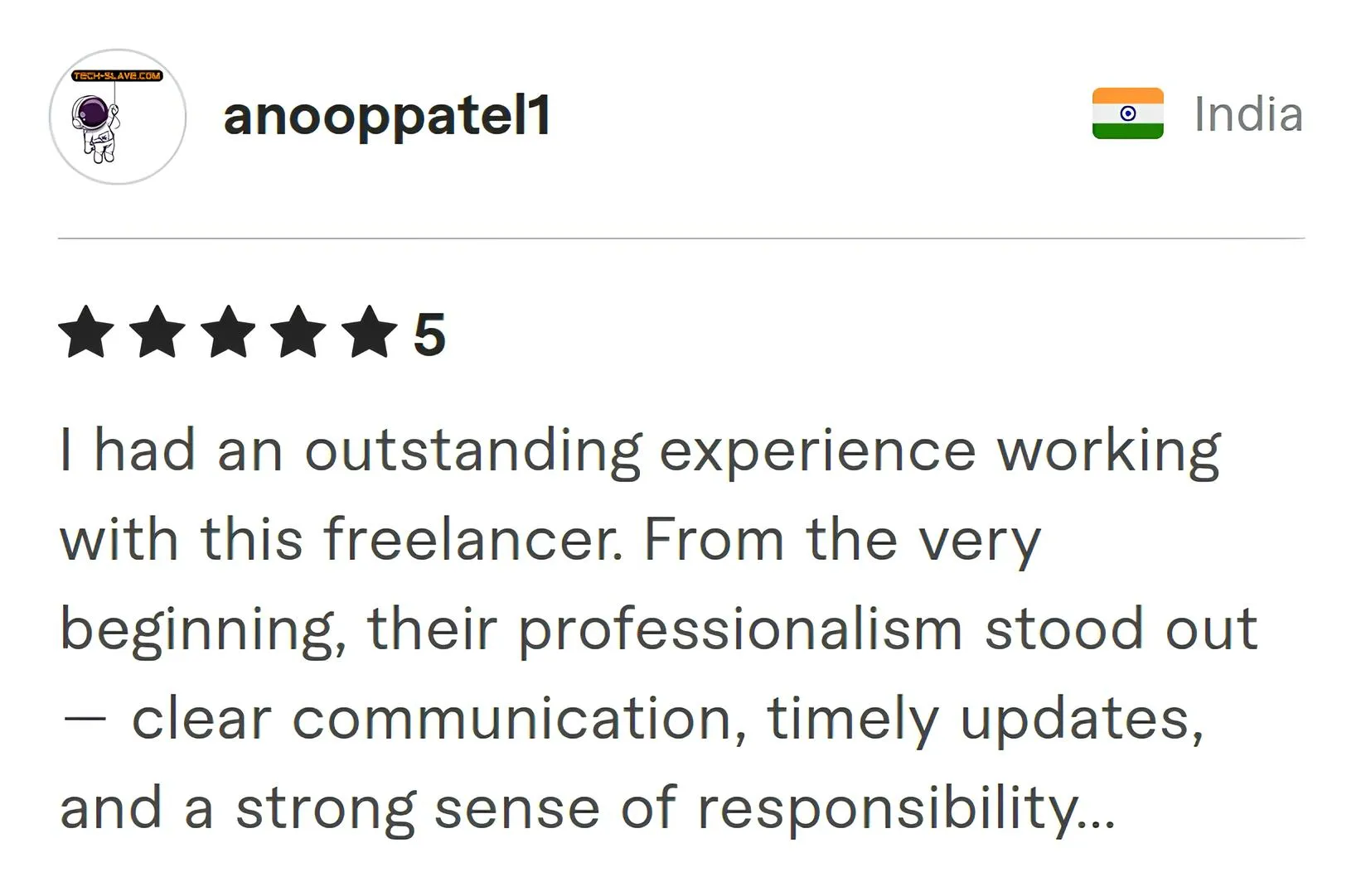 Screenshot of Fiverr review from Anoop Patel1