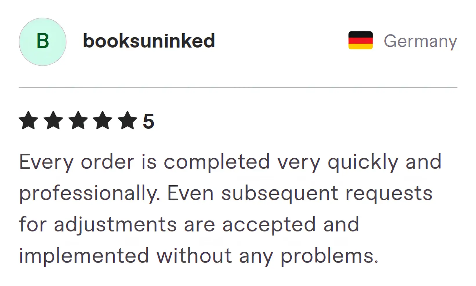Screenshot of Fiverr review from Booksuninked