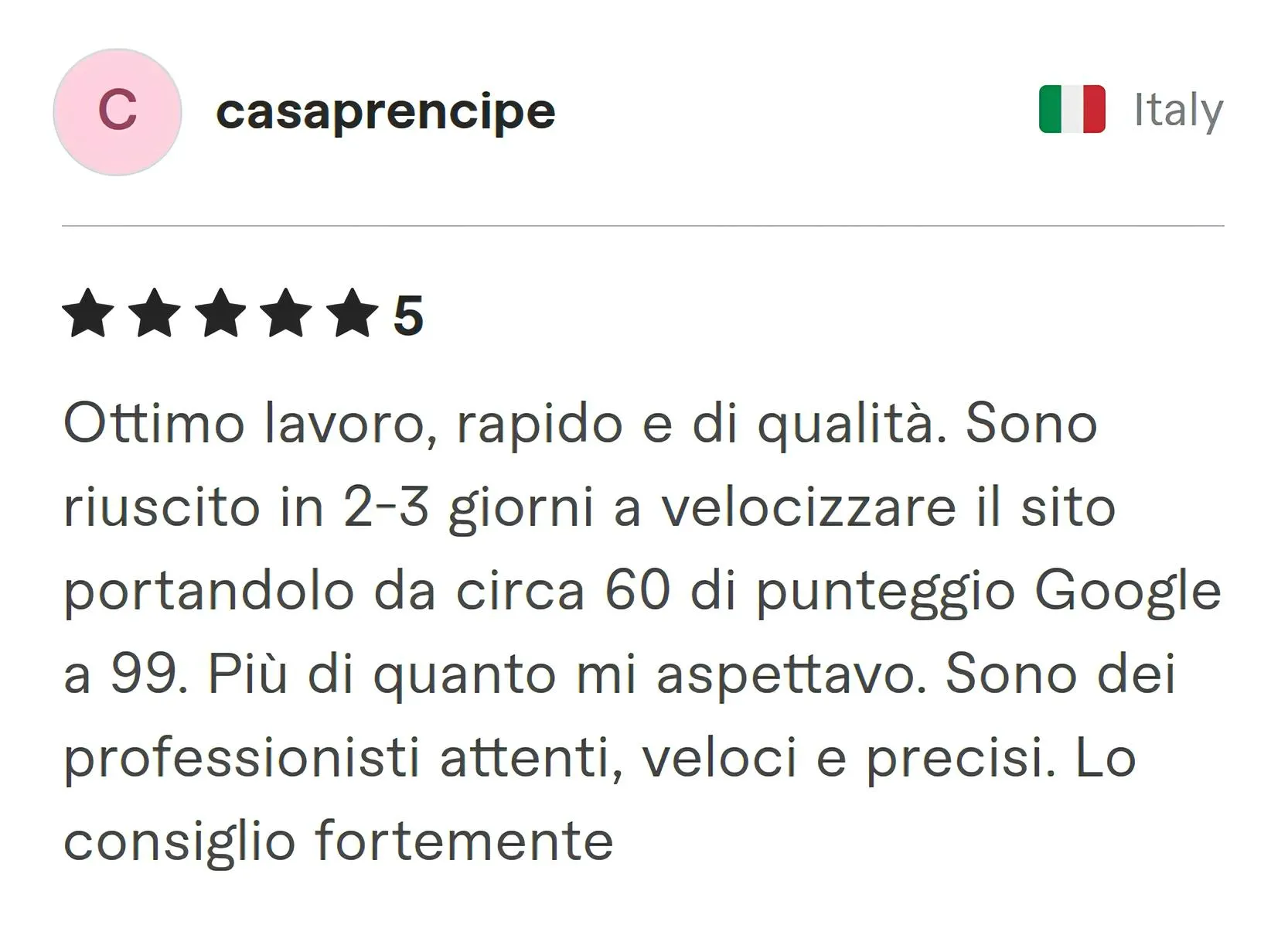 Screenshot of Fiverr review from Casaprencipe