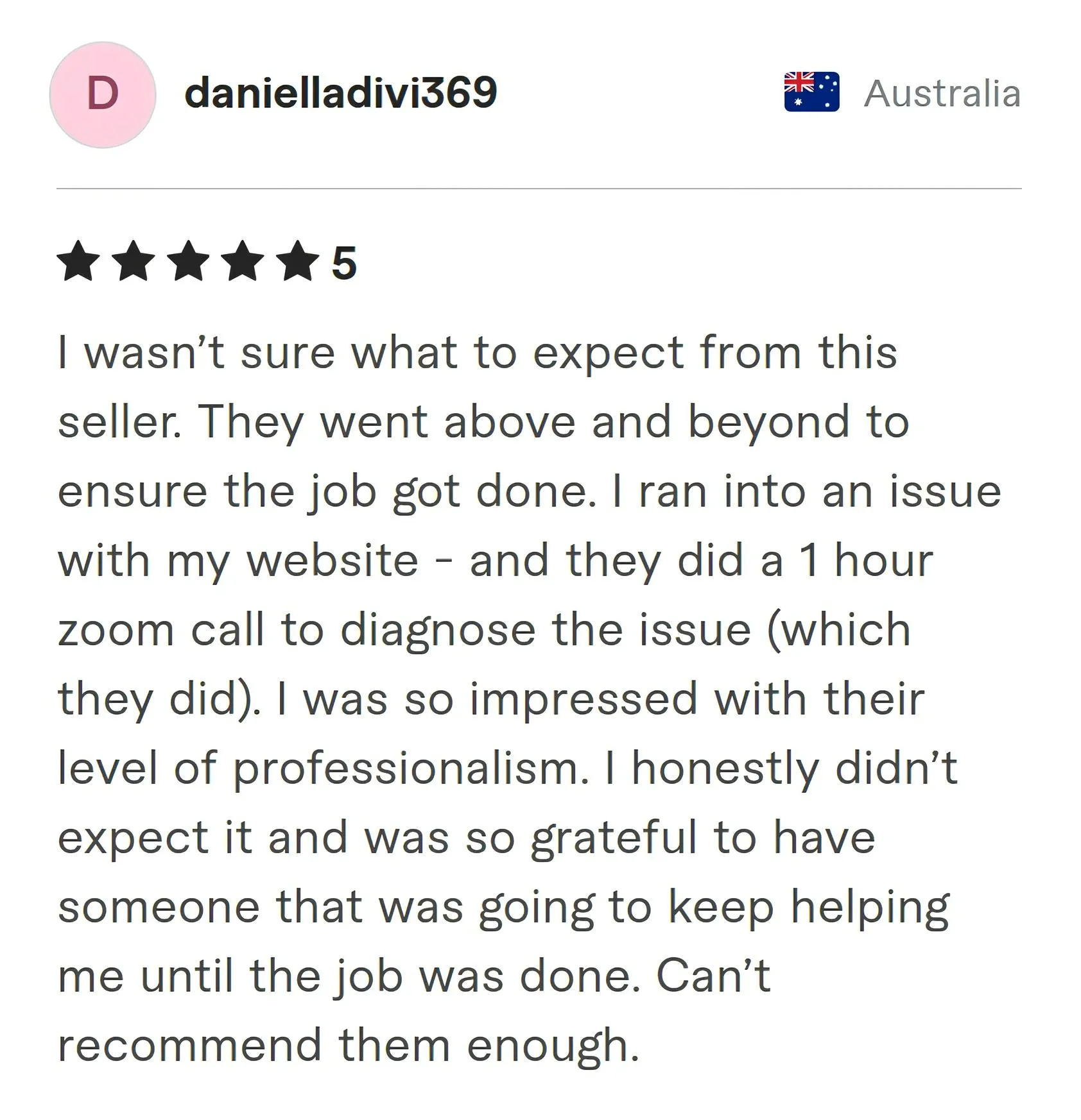 Screenshot of Fiverr review from Danielladivi369