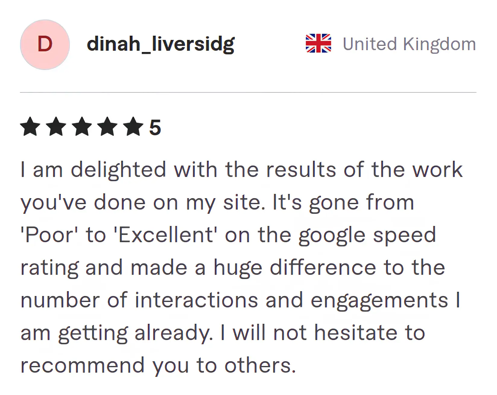 Screenshot of Fiverr review from Dinah Liversidg