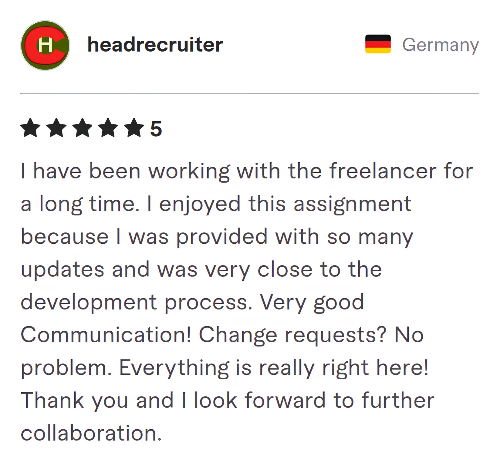 Screenshot of Fiverr review from Headrecruiter