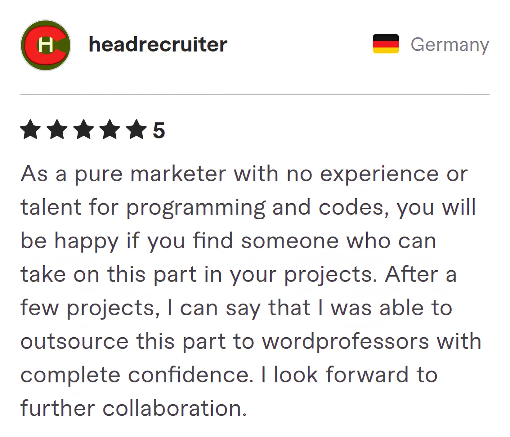 Screenshot of Fiverr review from Headrecruiter