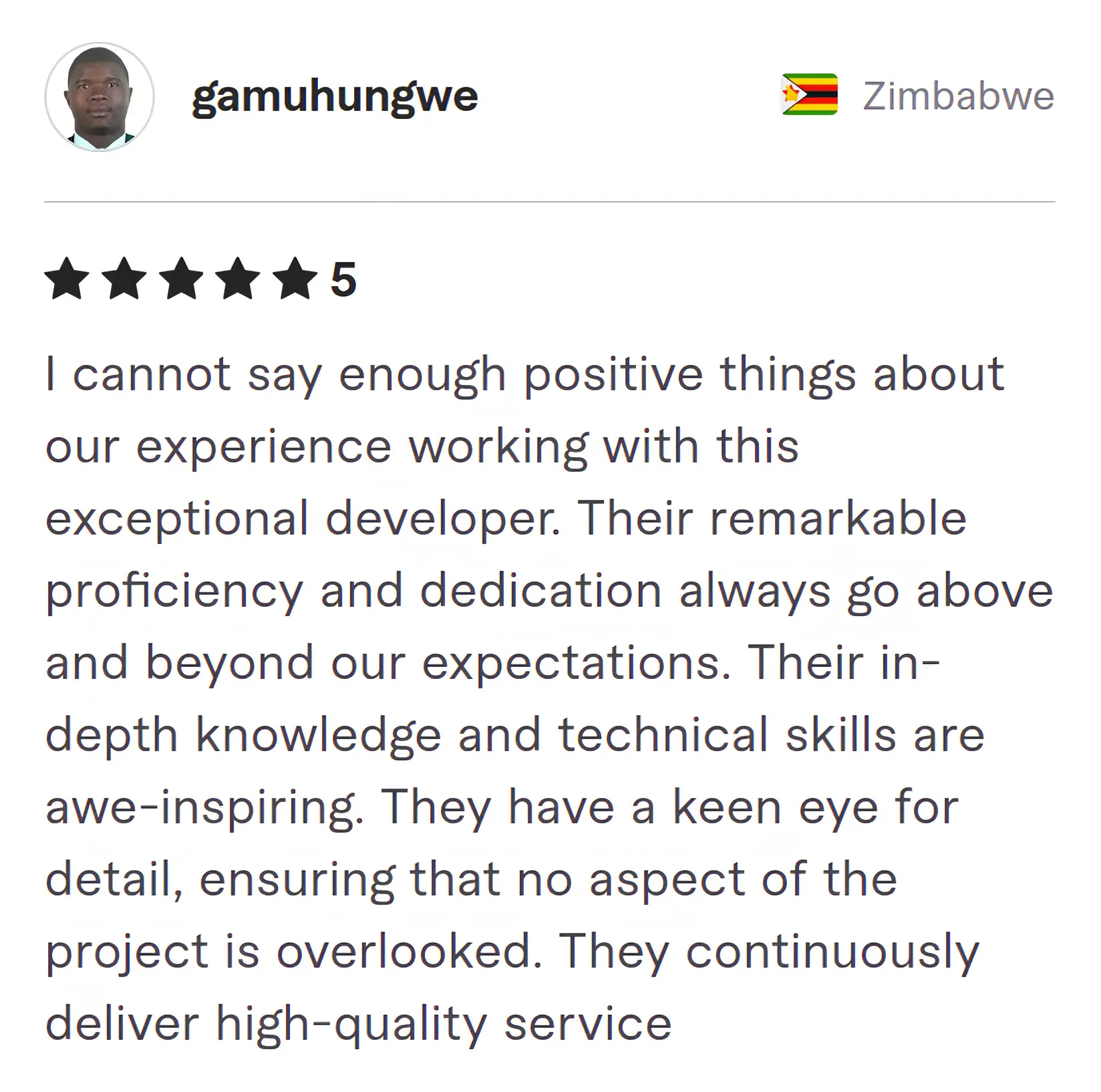 Screenshot of Fiverr review from Gamuhungwe