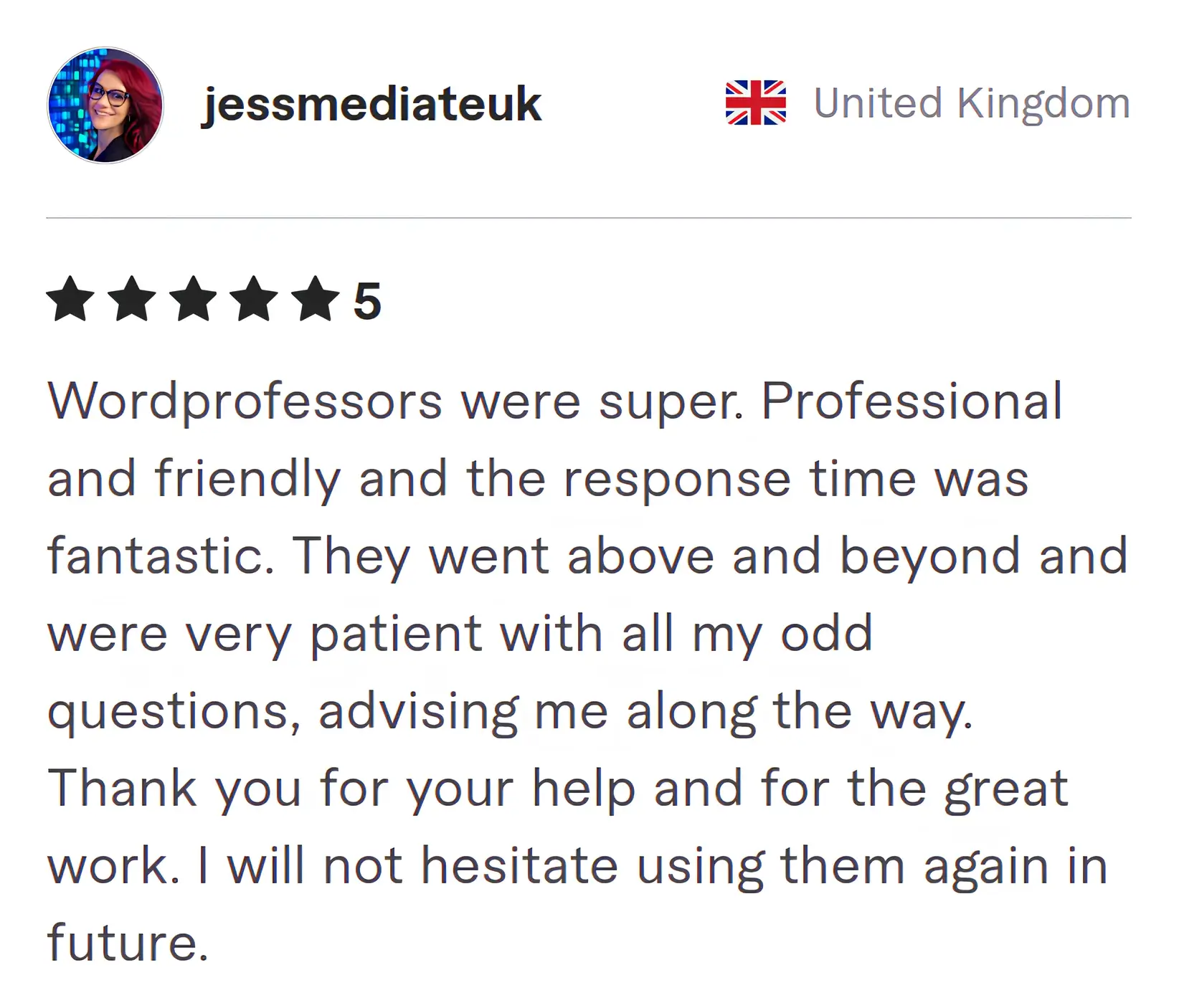 Screenshot of Fiverr review from Jessmediateuk