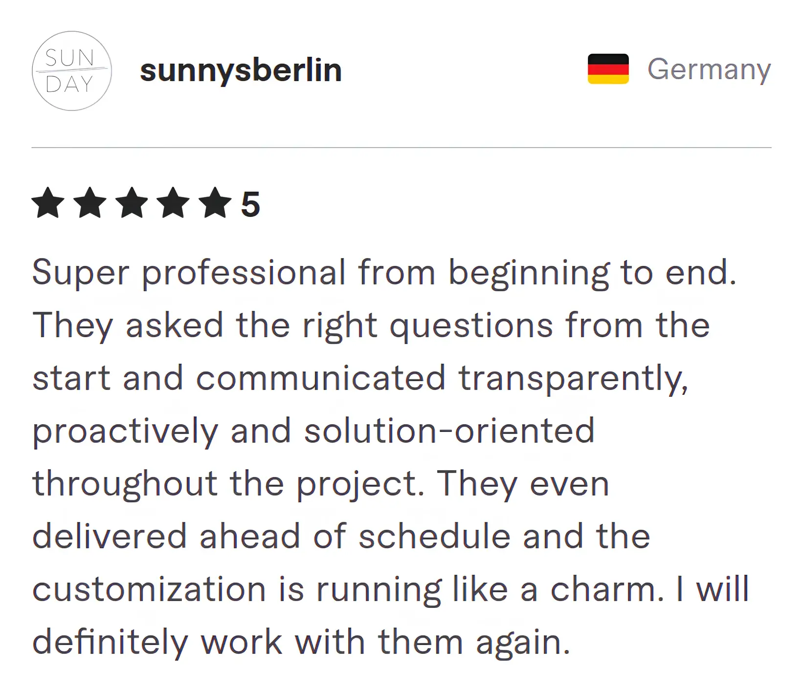Screenshot of Fiverr review from Sunnys Berlin
