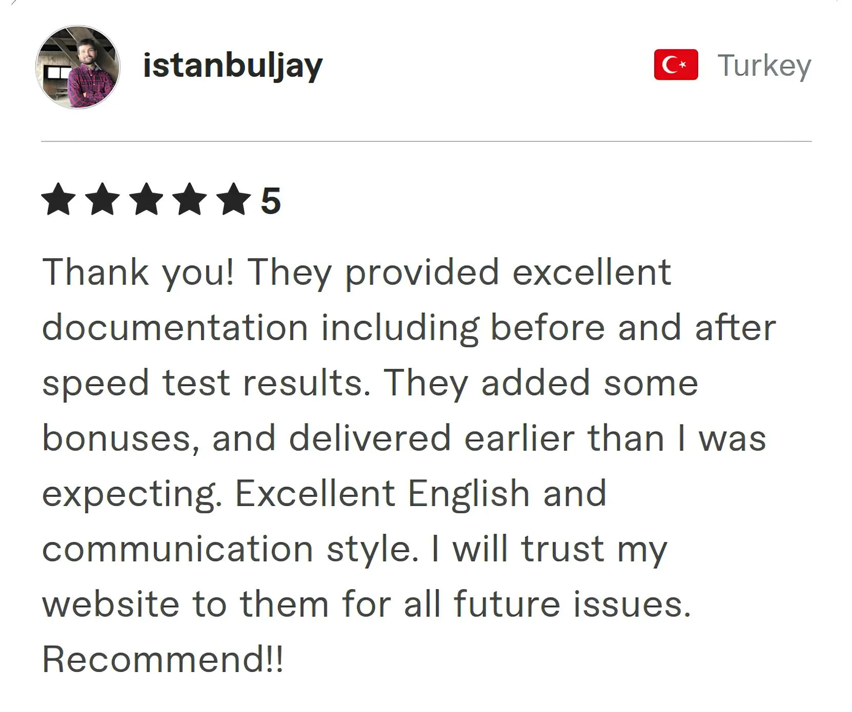 Screenshot of Fiverr review from Istanbuljay