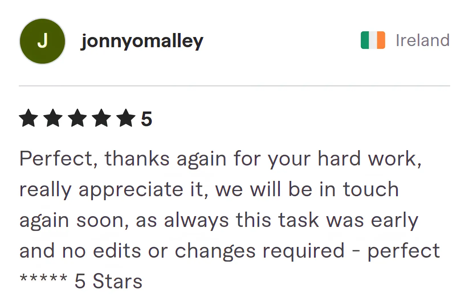 Screenshot of Fiverr review from Jonny Omalley