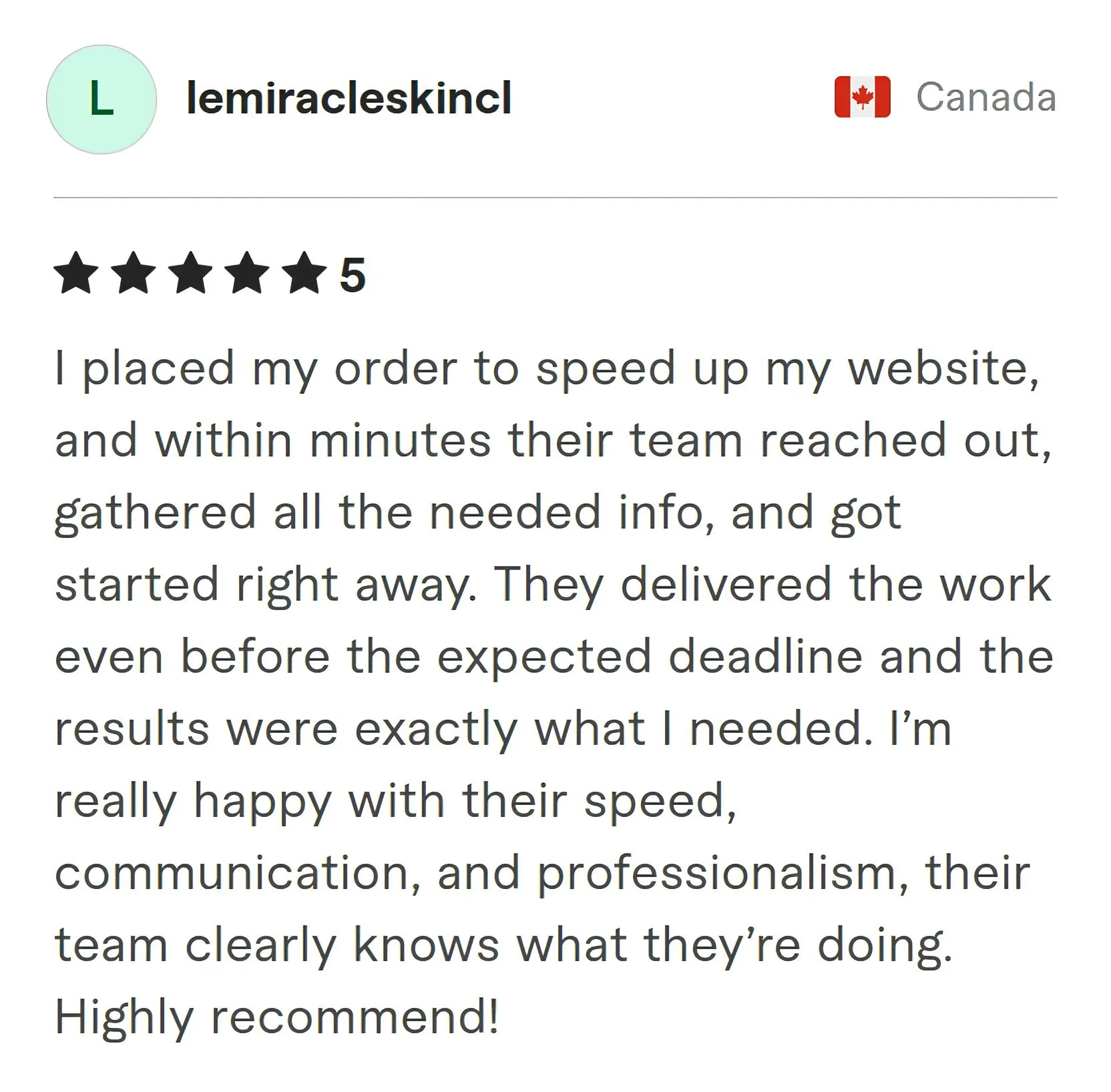 Screenshot of Fiverr review from Lemiracleskincl