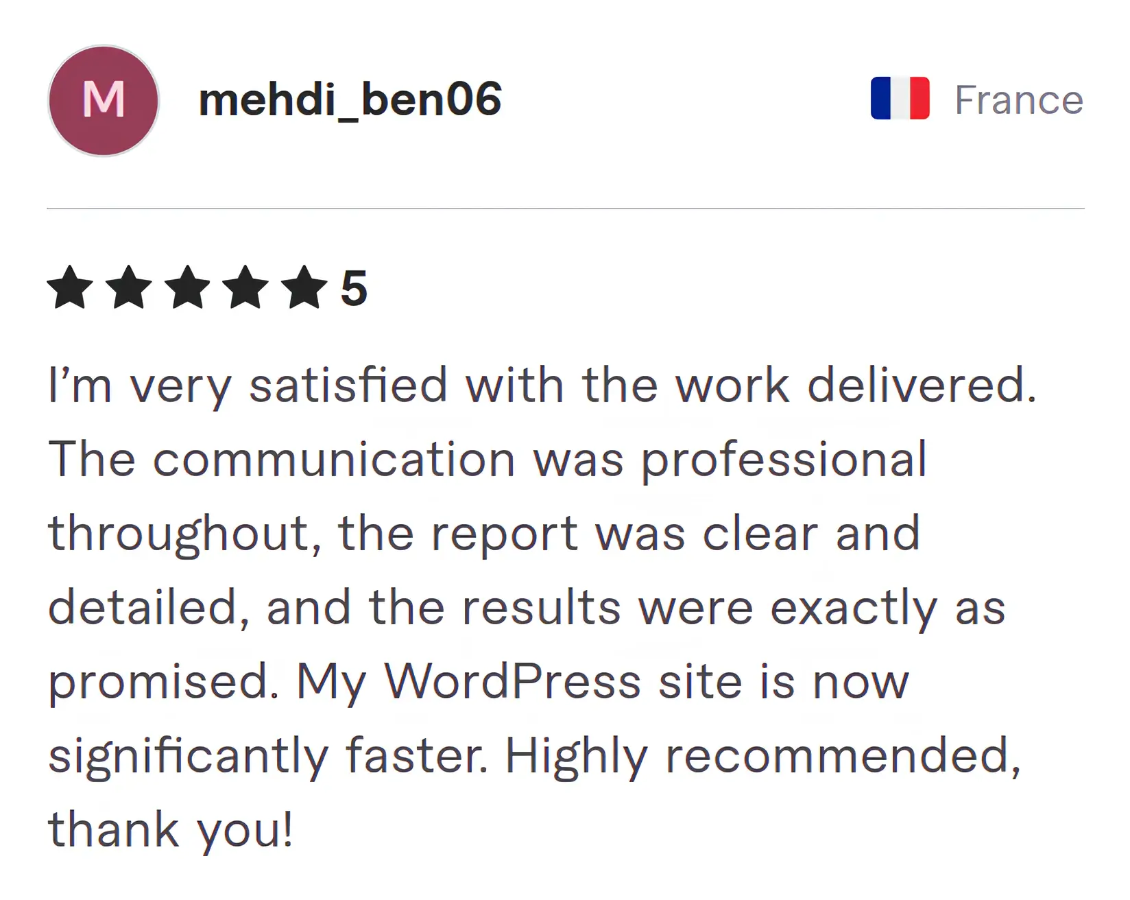 Screenshot of Fiverr review from Mehdi Ben06