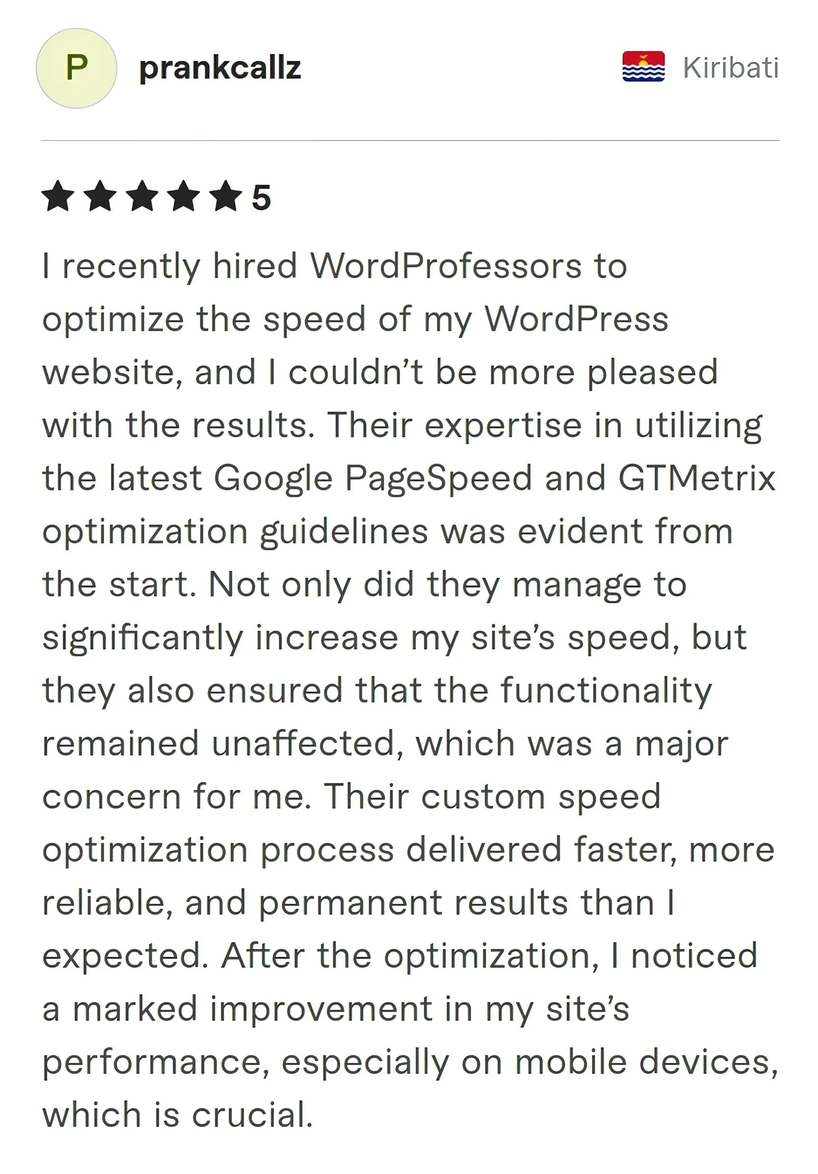 Screenshot of Fiverr review from Prankcallz