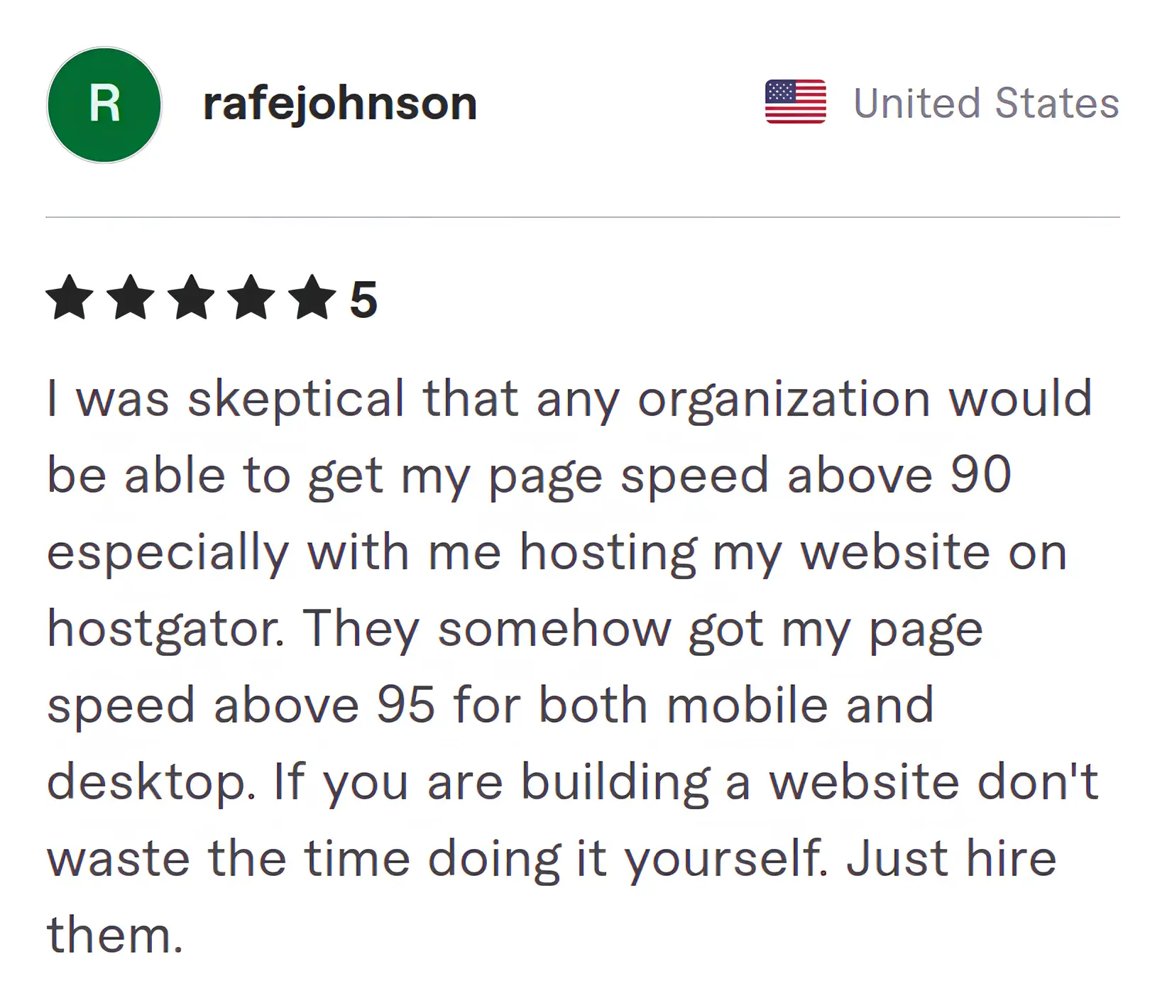 Screenshot of Fiverr review from Rafe Johnson