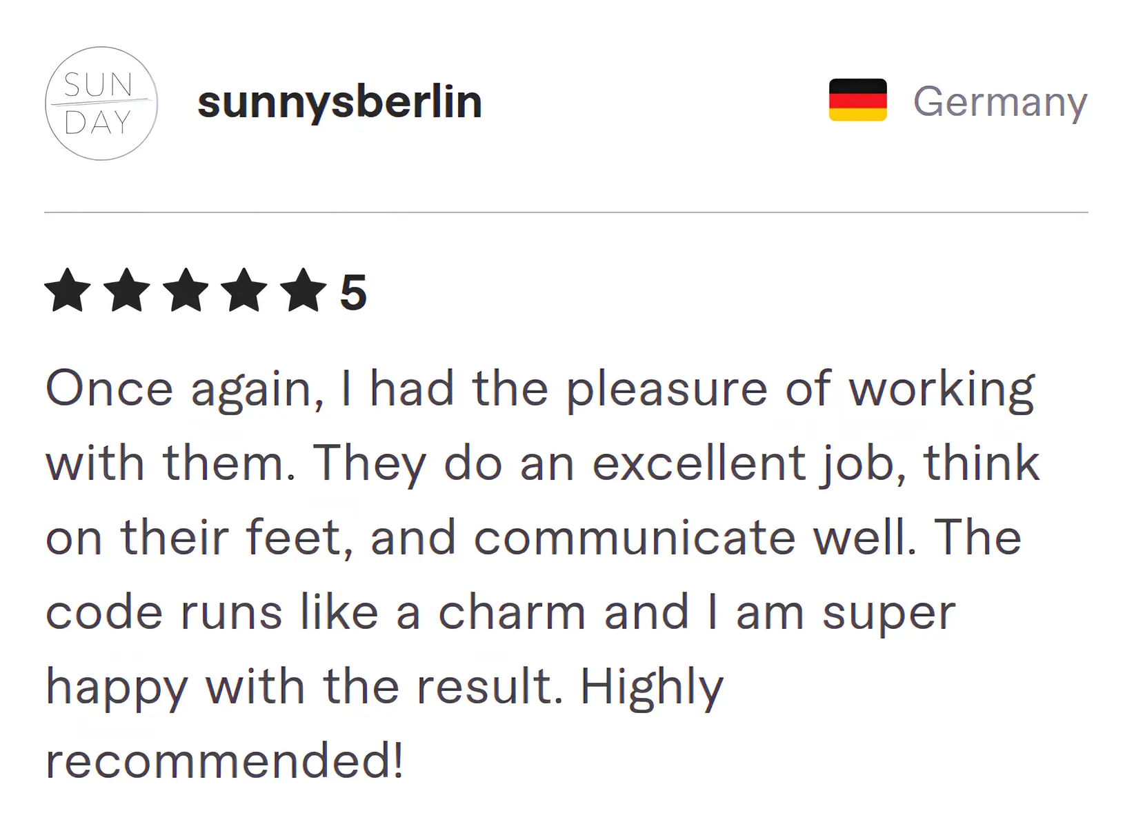 Screenshot of Fiverr review from Sunnysberlin