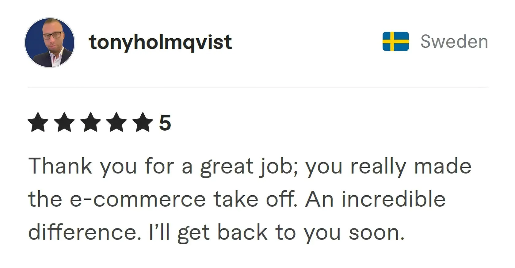 Screenshot of Fiverr review from Tony Holmqvist